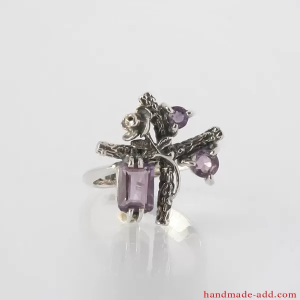 One-of-a-kind Amethyst Silver Ring. Rectangle  and round cut Purple Amethyst Sterling Silver Ring.