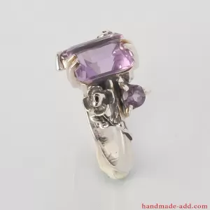 Natural Amethyst Silver Ring. Rectangle  and round cut Purple Amethyst Sterling Silver Ring.