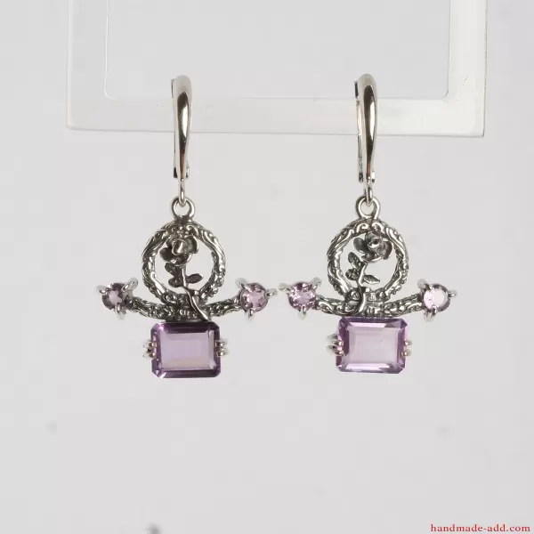 Dangle Silver Earrings Amethyst with floral motives
