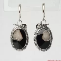 Onyx Druse set in Sterling Silver Earrings. Textured silver earrings with flowers. Gift for her