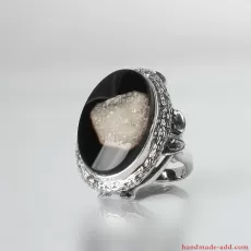 Onyx Druse Ring, Sterling Silver Ring with genuine black onyx crystals. Oval black gemstone ring one-of-a-kind ring.