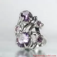 One-of-a-kind Amethyst Silver Ring. Teardrop and oval cut Purple Amethyst Sterling Silver Ring.