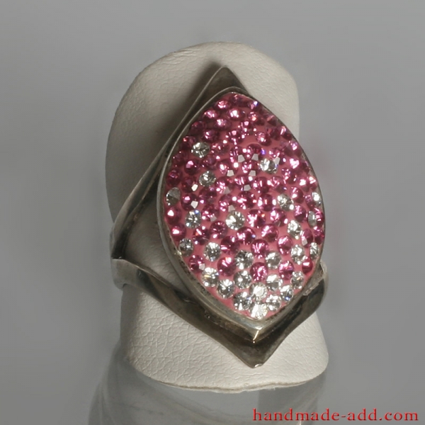 Pink ring with bright crystals. Sterling silver ring for women.