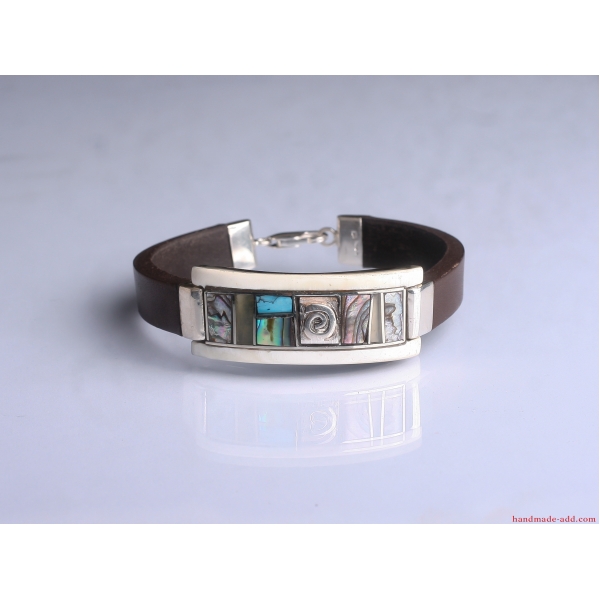 Mens brown leather turquoise bracelet, turquoise mens bracelet unique, leather and sterling silver bracelet for men.