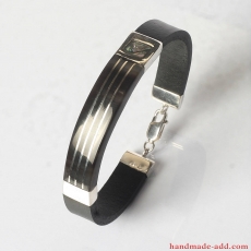Silver leather men bracelet. Black leather bracelet with sterling silver.  Gift for Him His and hers Mother-of-pearl inlay.
