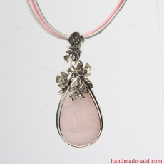 Rose quartz Silver Necklace Pendant with leather chain