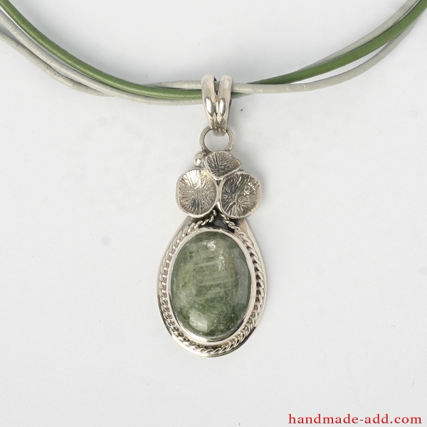 Green Kyanite Necklace Pendant handcrafted of silver 950