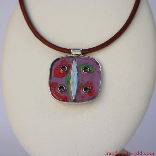 Choker necklace. Multi color enamel, fine leather cord, stainless steel pendant