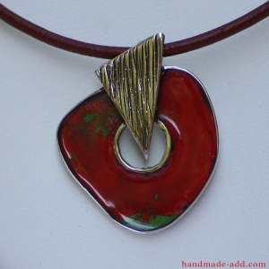 Choker necklace. Red and green color enamel, fine leather cord, stainless steel pendant