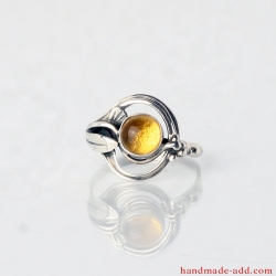 Silver Ring with Amber and Floral Shape